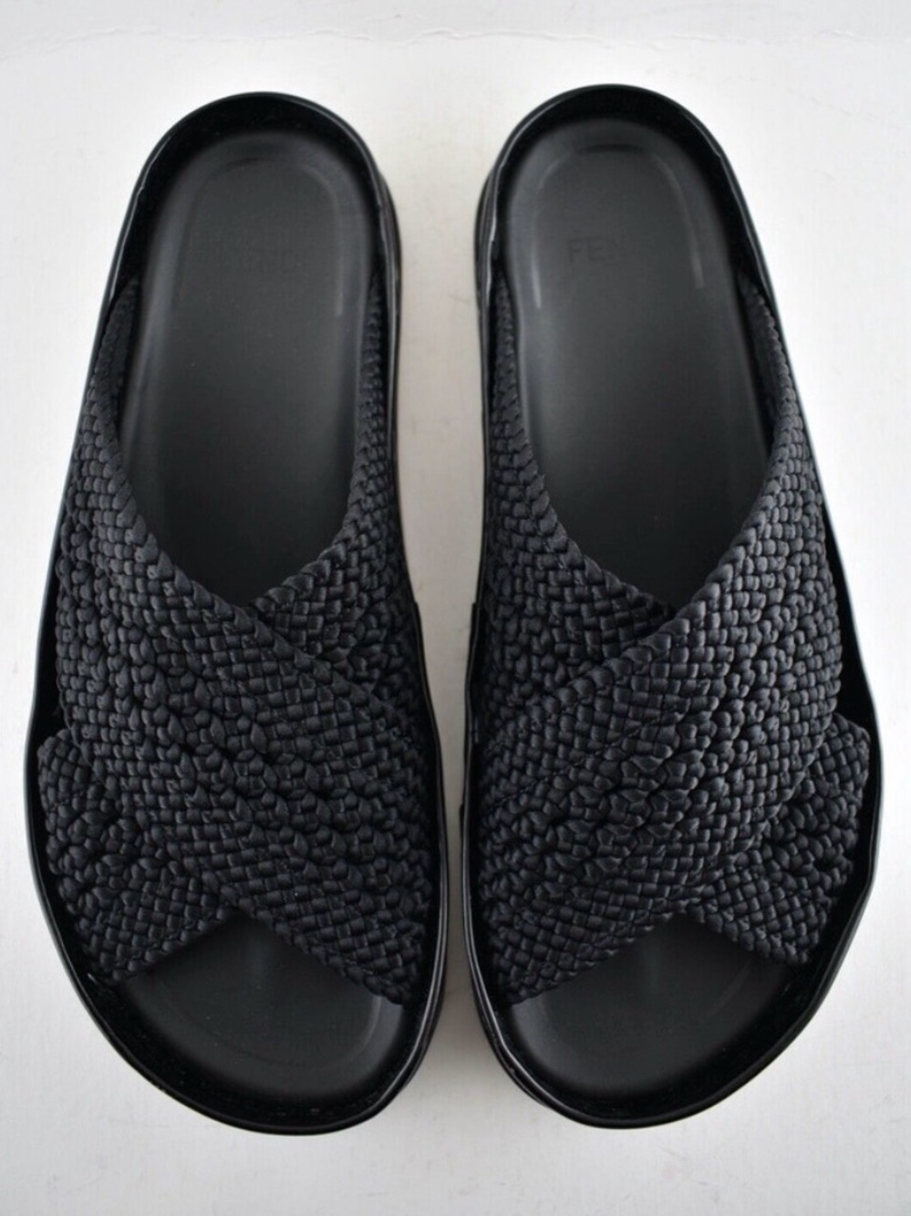 Authentic Fendi FF Woven Reflections Crisscross Slide Sandals 39 Black